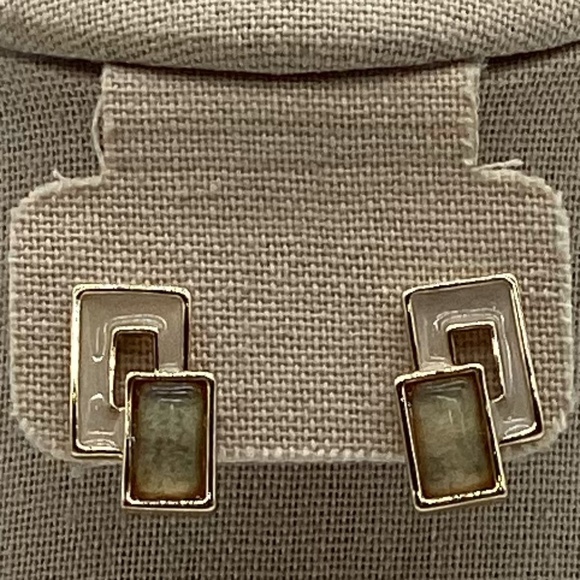 1961. Gold Geometric Necklace & Earring Set w/ Earth Tone Stones EUC - Picture 3 of 3